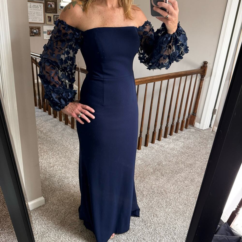 Eliza J Navy 3D floral sleeve long gown - mother of bride groom NWT